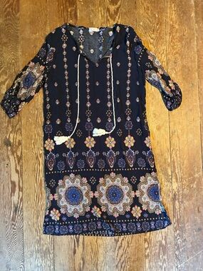 Navy Floral Boho Midi Dress with Tassel Tie